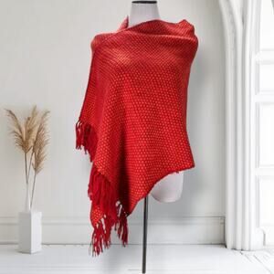 Vintage 80s-90s Peruvian Alpaca Shawl Wrap Red Fringe Trim Handwoven 100% Alpaca